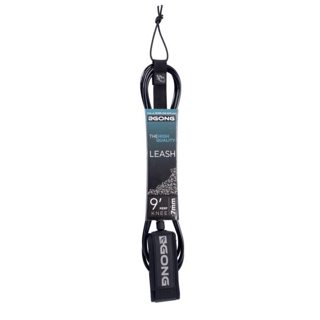 A black Gong Perf 7mm Knee Leash is coiled and packaged, displaying "THE HIGH QUALITY LEAD" and "9' FT KNEE." The Gong logo appears on both the packaging and the leash strap.