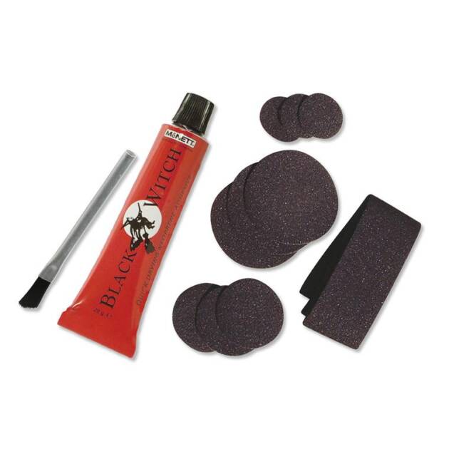 The Blackwitch Neoprene Repair Kit includes a tube of Black Witch adhesive, a metal rasp, a small brush, and assorted round and rectangular black repair patches for bicycle tyres.