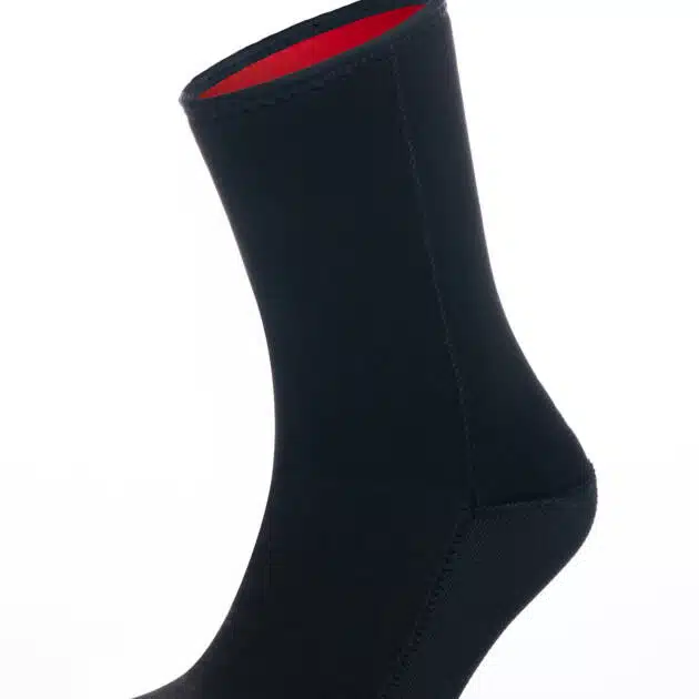 The Cskins Legend 4mm GBS Sock is a single black neoprene boot with a red inner lining, smooth texture, and form-fitting shape, perfect for water or cold weather use. Shown against a white background.