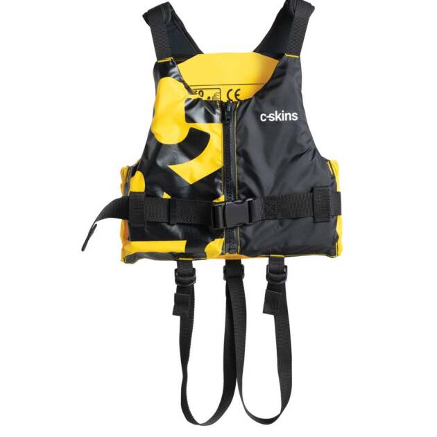 The C-Skins Legend Junior Buoyancy Aid in black and yellow features adjustable waist buckle straps and two leg straps, shown against a white background.