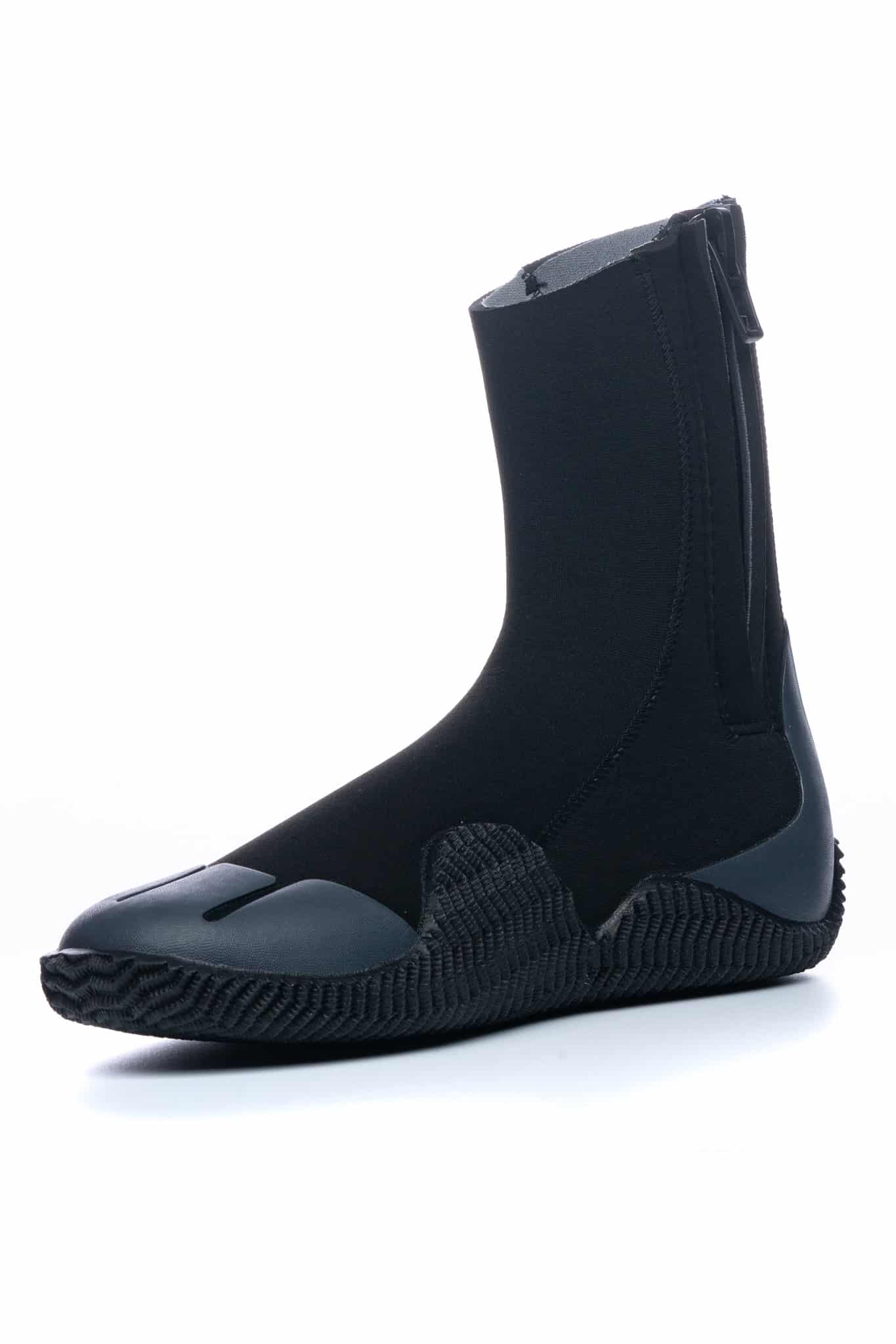 The C-Skins Adult Legend 5mm Zipped Round Toe Boots feature black neoprene, a textured rubber sole, reinforced toe and heel, and an easy-entry side zip for watersports protection and grip.