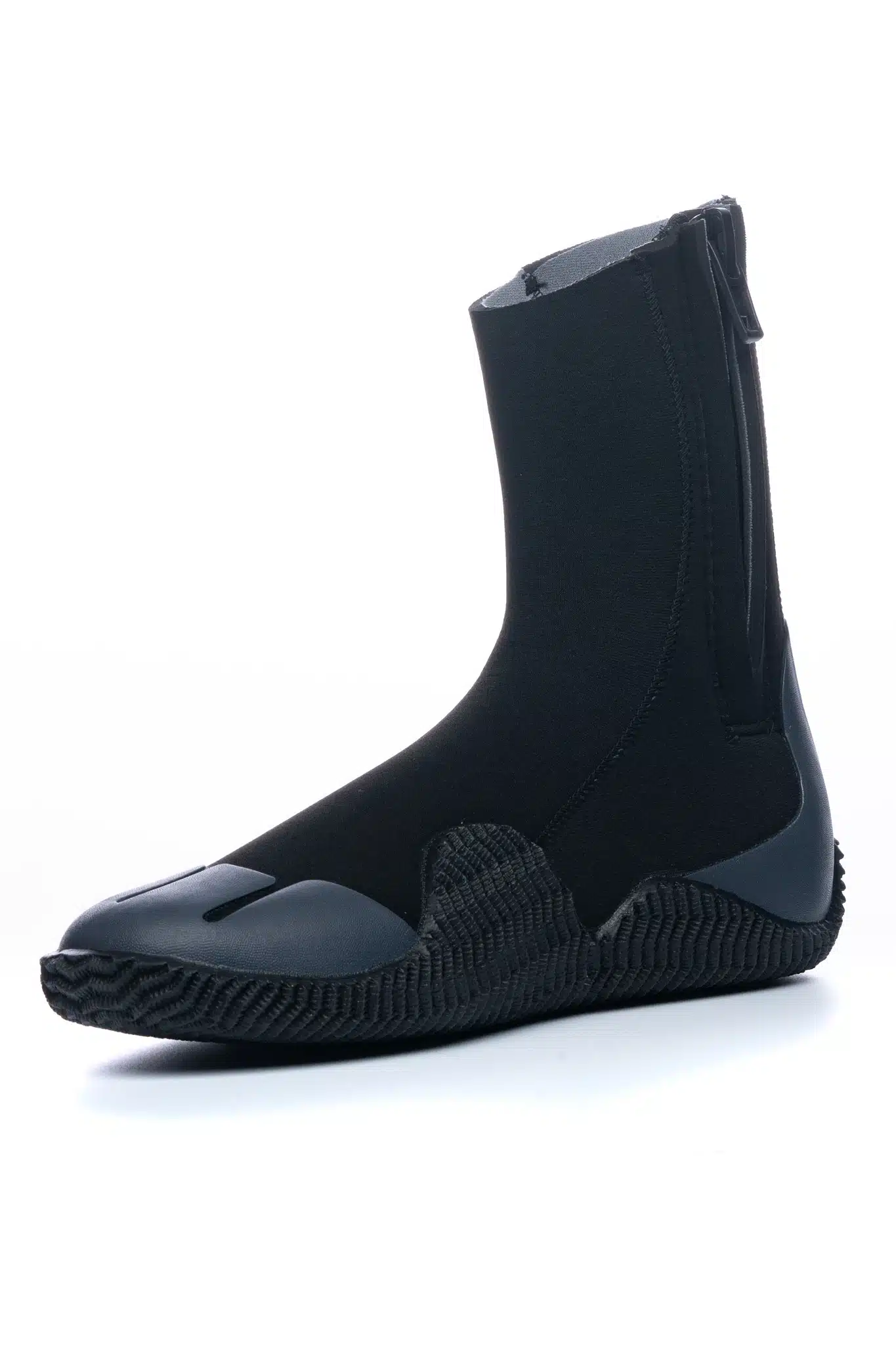 The C-Skins Adult Legend 5mm Zipped Round Toe Boots feature black neoprene, a textured rubber sole, reinforced toe and heel, and an easy-entry side zip for watersports protection and grip.