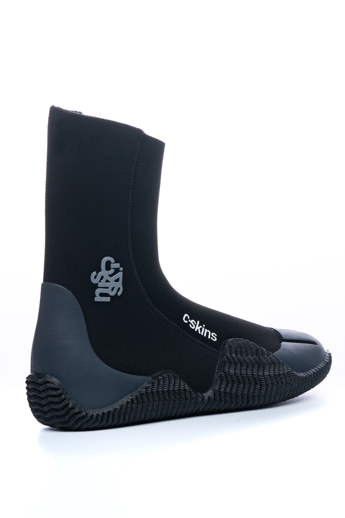 The C-Skins Adult Legend 5mm Zipped Round Toe Boots are black neoprene wetsuit boots with a textured rubber sole, reinforced toe and heel, and "c-skins" printed in white on the side.