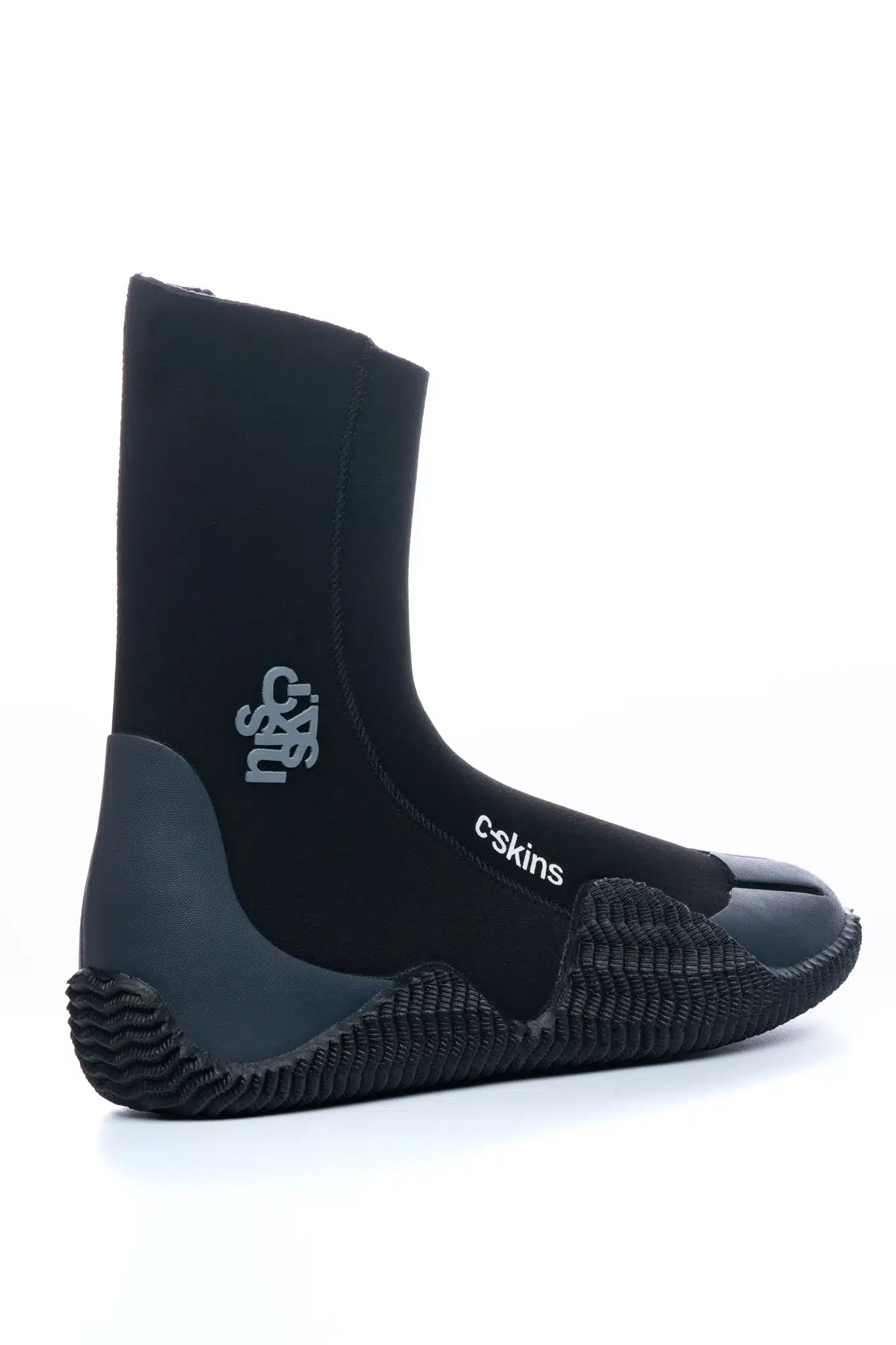 The C-Skins Adult Legend 5mm Zipped Round Toe Boots are black neoprene wetsuit boots with a textured rubber sole, reinforced toe and heel, and "c-skins" printed in white on the side.