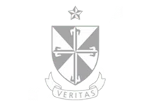 A black and white shield divided into four sections, with a cross and fleur-de-lys tips. Above the shield is an eight-pointed star. Below is a banner displaying the word "VERITAS.