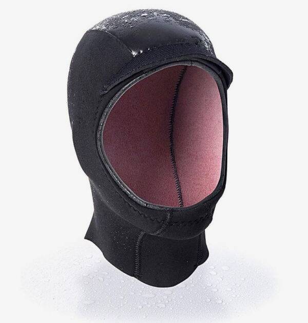 The Ripcurl Flashbomb 2mm Hood is a black neoprene wetsuit hood with a pink interior lining, shown upright with water droplets on its surface against a plain white background.