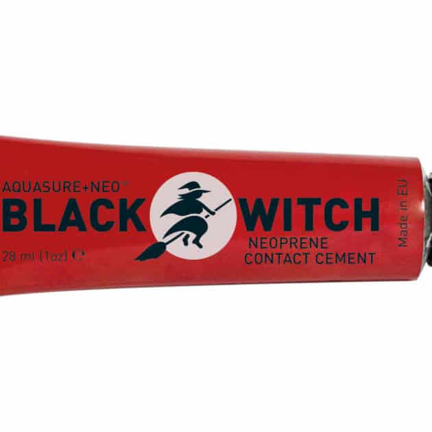 A 28 ml (1 oz) red tube of Blackwitch Neoprene Contact Adhesive with a black screw cap and a witch on a broomstick illustration.