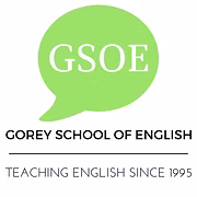 Logo for Gorey School of English. A green speech bubble with "GSOE" in white letters appears above the text "Gorey School of English" and "Teaching English since 1995.