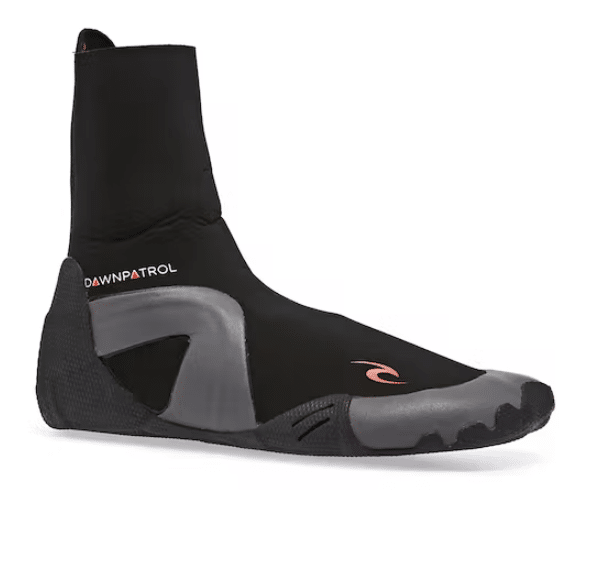 The Rip Curl Dawn Patrol Isothermie Round Toe Boots are black neoprene surf booties with reinforced sole and heel, a red curved logo on the side, and textured grey grip areas for better traction.