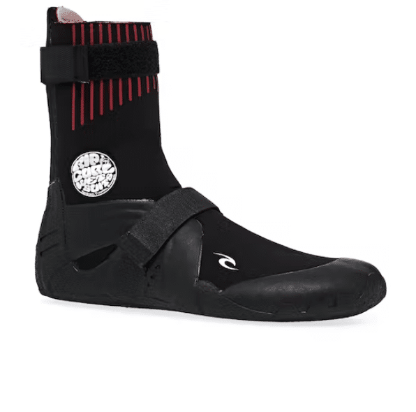 The Ripcurl Flashbomb 5mm Boots are black neoprene surf boots featuring a high ankle, dual Velcro straps, textured sole, and a white circular logo on the side.