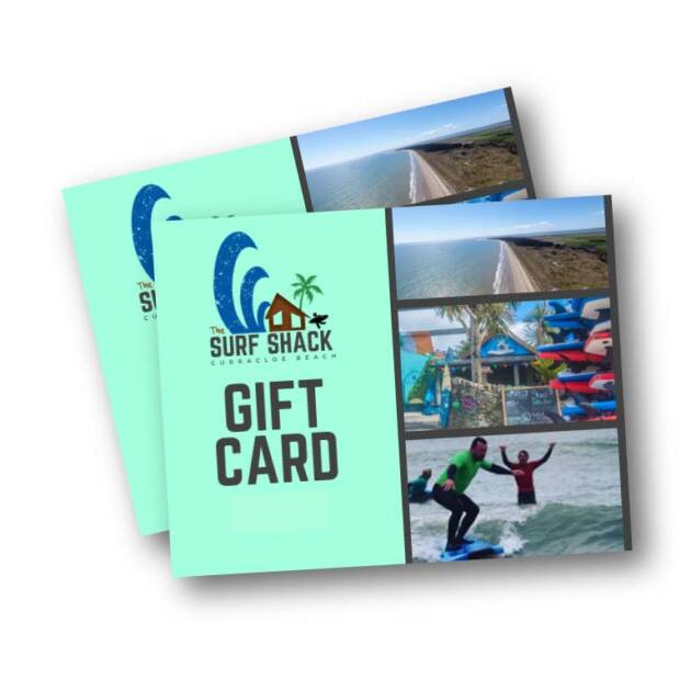 Two Surf Shack Gift Vouchers with a teal background, featuring the Surf Shack logo, "Gift Card" text, and images of a beach, palm trees, surfboards, and people surfing.