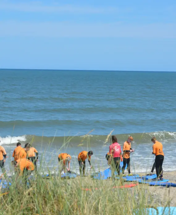 A group of people in orange shirts stands on a sandy beach near the sea, preparing surfboards. Some are in wetsuits, while grassy plants are visible in the foreground under a blue sky.