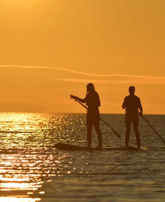 Two people paddleboarding on calm water during a golden sunset, with their silhouettes reflected on the shimmering surface and the sun low in the sky.