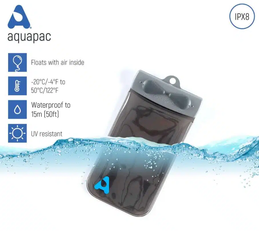 The Aquapac Waterproof Keymaster with Lanyard is partially submerged in water, showing it floats with air inside, works from -20ยฐC to 50ยฐC, is waterproof to 15m (IPX8), UV resistant, and features the Aquapac and IPX8 logos.