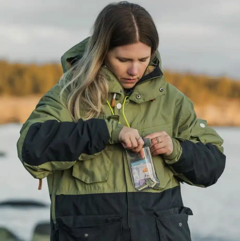 A woman in a green and black winter jacket stands outdoors by blurred trees and water, focusing as she places or removes items from an Aquapac Waterproof Keymaster with Lanyard.