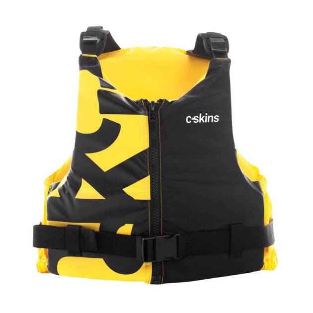 The C-Skins Legend Adult Buoyancy Aid in black and yellow features a front zip, adjustable shoulder straps, and a black waist buckle.