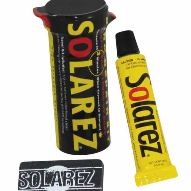 The Solarez Polyester Mini Travel Kit includes a tube and container of surfboard repair resin in black, yellow, and red packaging, plus a black SOLAREZ logo sticker.
