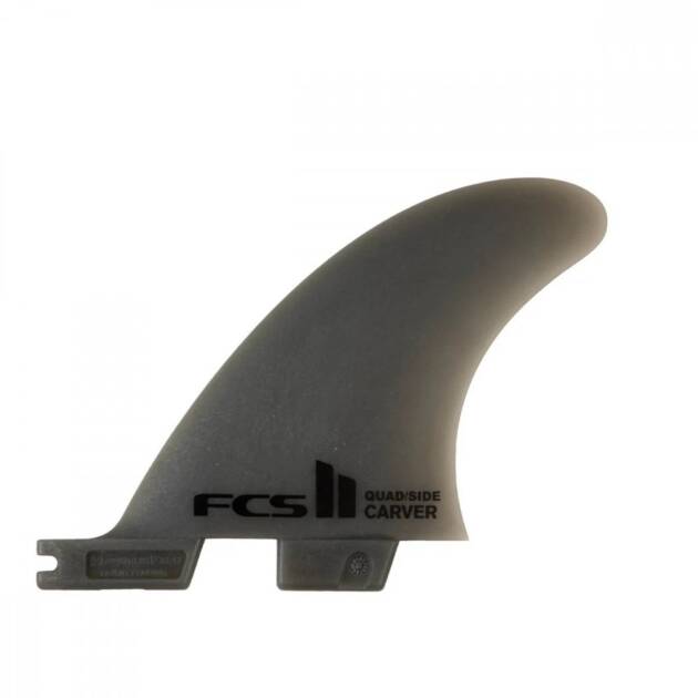 A single FCS II Carver NG Smoke Small Side Byte fin in grey, with a curved shape and "Quad/Side Carver" text, featuring the FCS logo, shown against a plain white background.