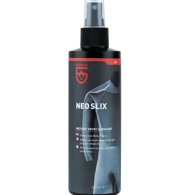 A black 250 ml spray bottle labelled "GearAid NeoSlix Wetsuit Entry Lubricant" features a wetsuit torso image and multilingual text on the front.