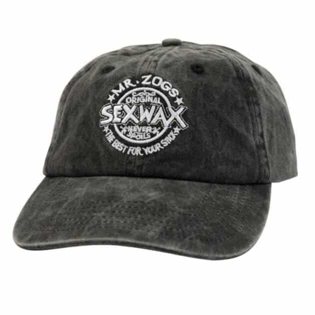 The Sex Wax Dad Cap is a dark grey baseball hat featuring white embroidered text on the front: "Mr. Zog's Original Sex Wax, The Best For Your Stick," shown against a plain white background.