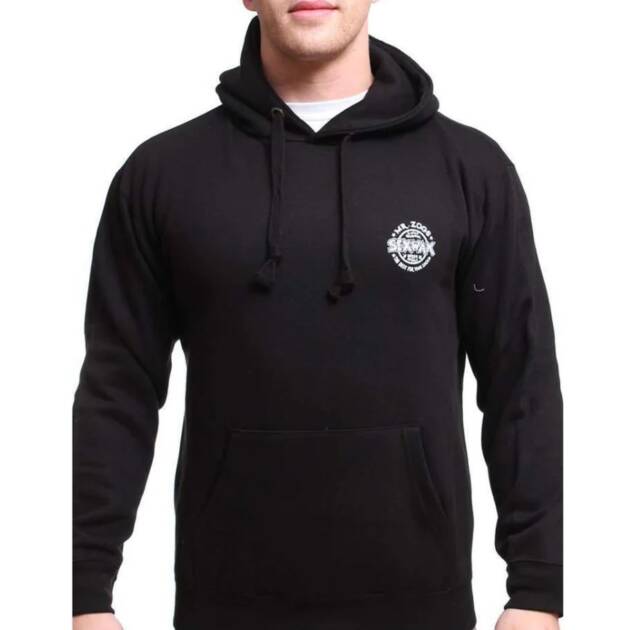 A man wears the Sex Wax Hoodie, featuring a black design with a small white circular logo on the left chest, front pocket, and drawstrings, standing against a white background.