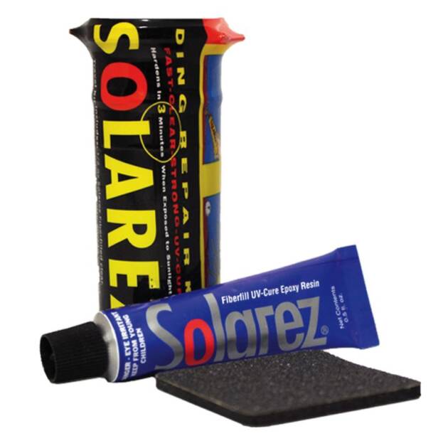 The Solarez Epoxy Mini Travel Kit, including UV-cure epoxy resin, a black repair pad, and a colourful packaging sleeve, is shown on a white background.