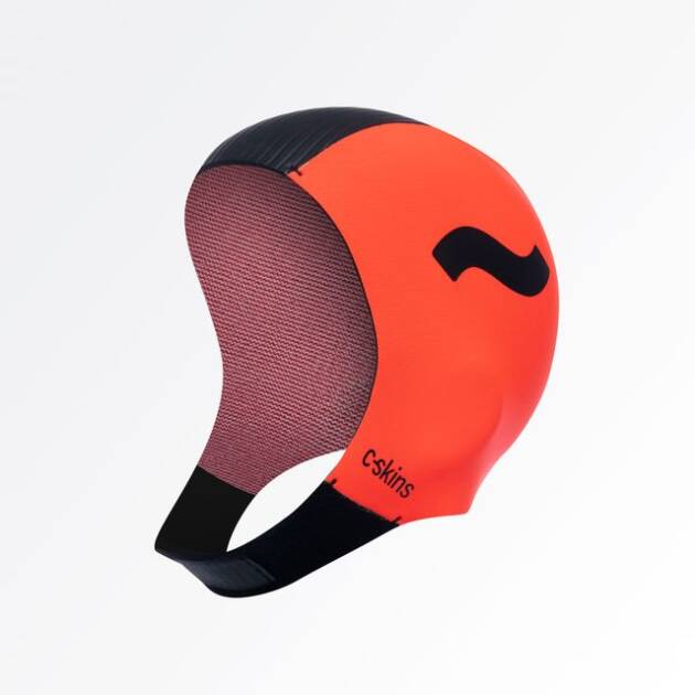 The Swim Research Freedom 3mm Swim Cap is bright orange with a black strap and black markings, including the "cskins" logo, displayed against a plain white background.