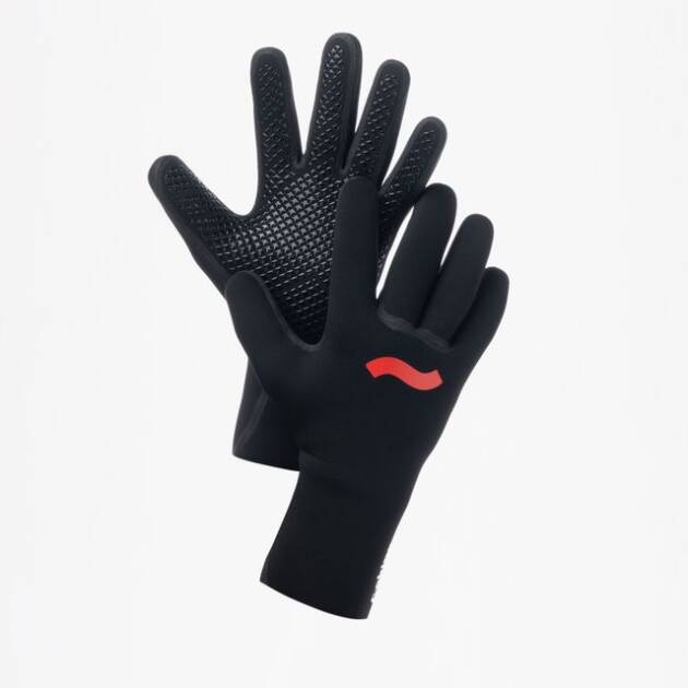The Swim Research Freedom 3mm Swim Gloves feature black material, textured palms for grip, and a small red wavy line on the back of one hand, shown against a plain white background.