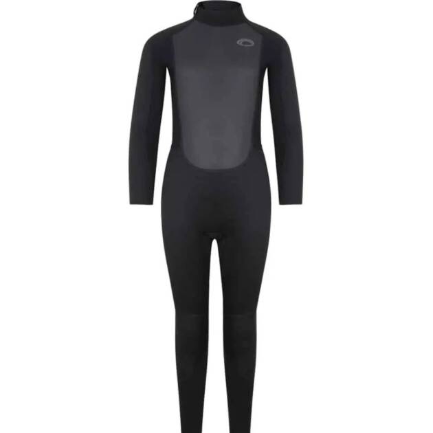 The Typhoon Storm3 Youth 3/2mm Wetsuit is a black, full-body wetsuit with long sleeves and legs, shown upright on a white background. It features a high neck and a subtle chest logo.